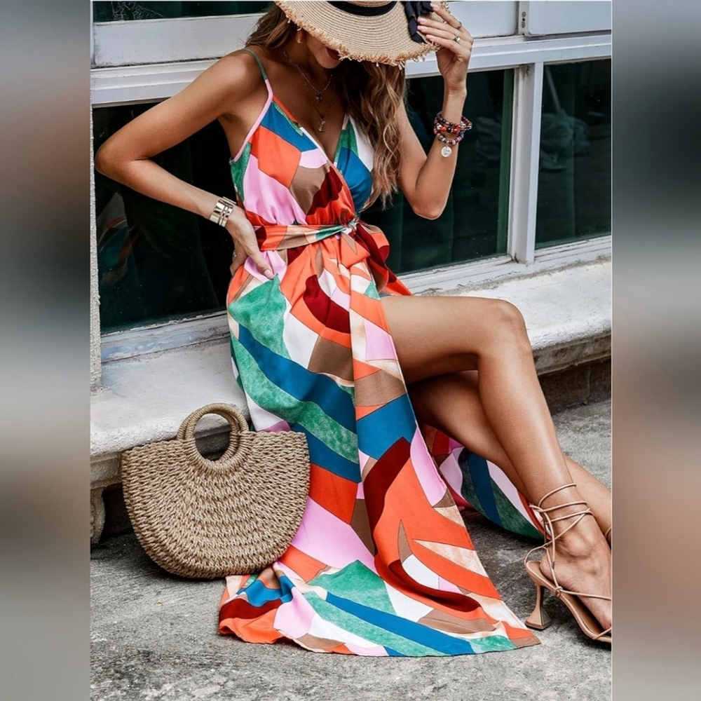 Women's Wrap Boho Front Ruched Hem Sleeveless Spaghetti Straps Belted - Picture 4 of 14